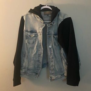 Torrid denim knit hooded trucker jacket